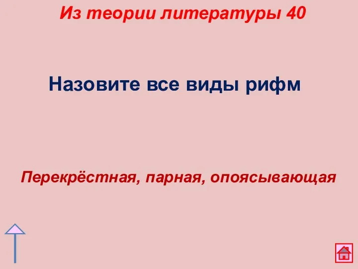 Из теории литературы 40 Назовите все виды рифм Перекрёстная, парная, опоясывающая