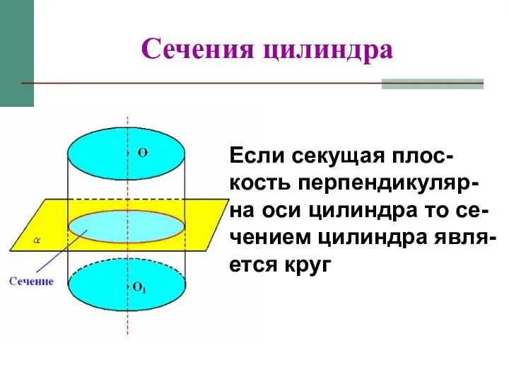 Сечения цилиндра Если секущая плос-кость перпендикуляр-на оси цилиндра то се-чением цилиндра явля-ется круг