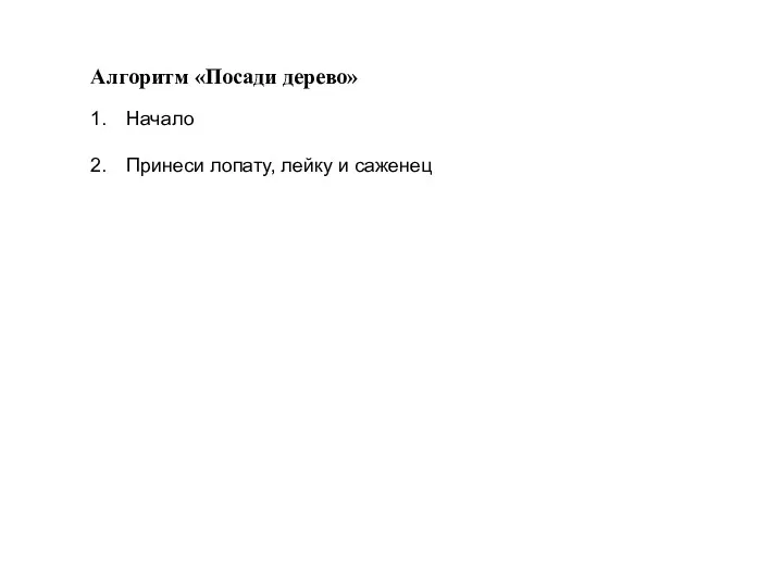 Алгоритм «Посади дерево» Начало Принеси лопату, лейку и саженец