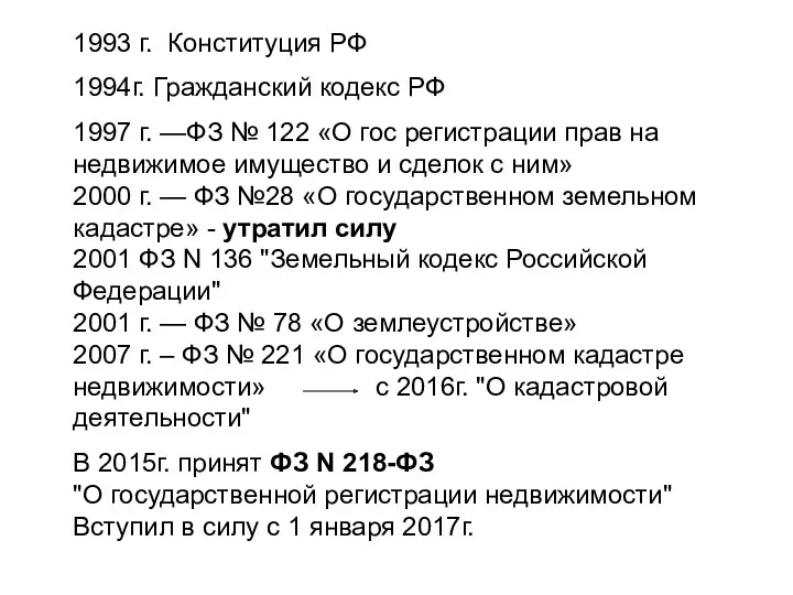 1993 г. Конституция РФ 1994г. Гражданский кодекс РФ 1997 г.