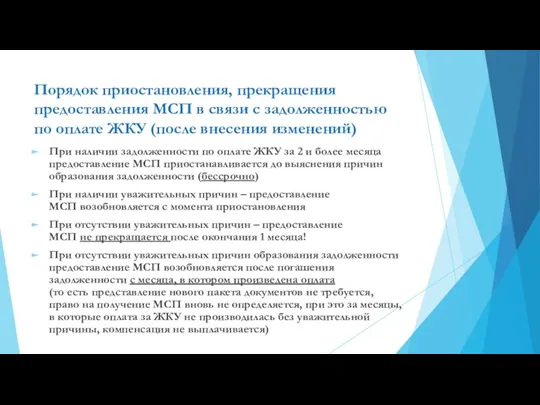 Порядок приостановления, прекращения предоставления МСП в связи с задолженностью по