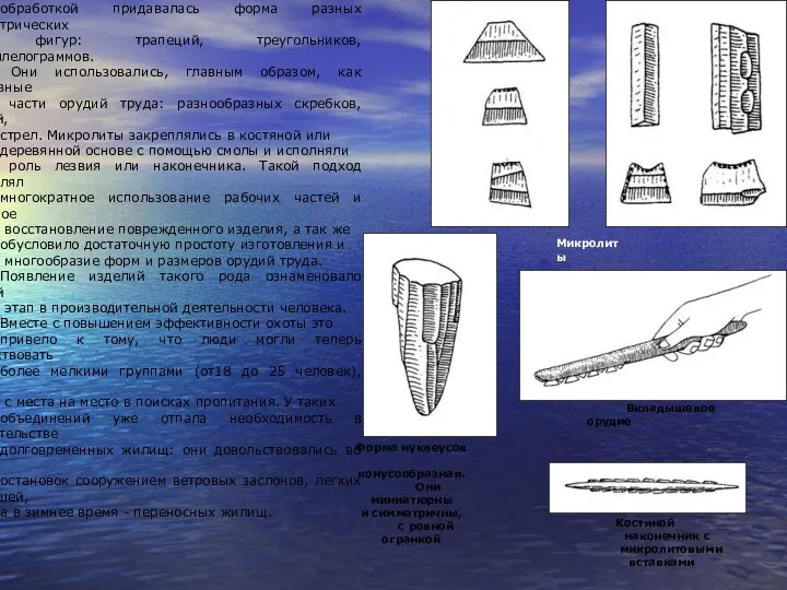 Кремниевые пластины-вкладыши В области материальной культуры эпоха мезолита характеризуется, в