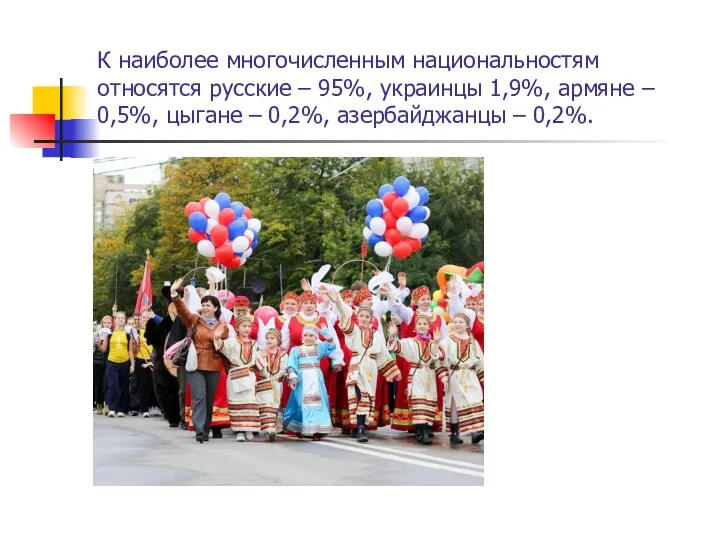 К наиболее многочисленным национальностям относятся русские – 95%, украинцы 1,9%, армяне – 0,5%,