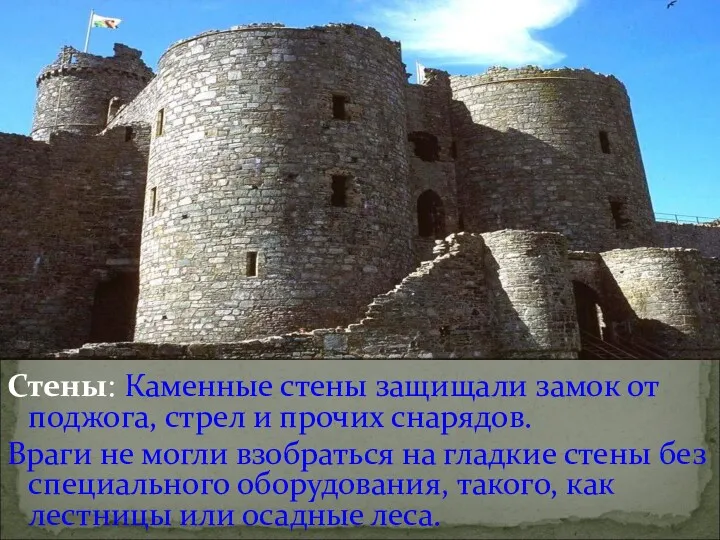 Стены: Каменные стены защищали замок от поджога, стрел и прочих снарядов. Враги не