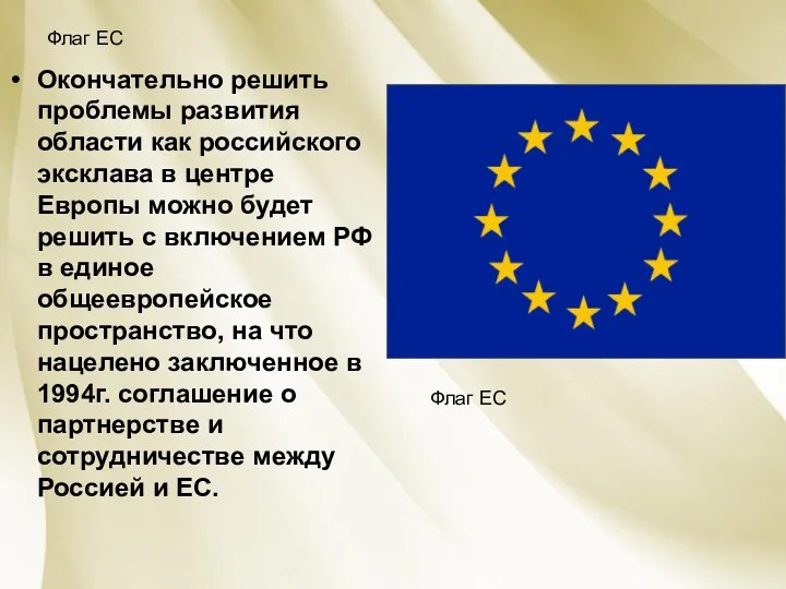 Флаг ЕС Окончательно решить проблемы развития области как российского эксклава