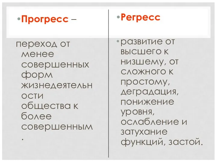 Прогресс – переход от менее совершенных форм жизнедеятельности общества к