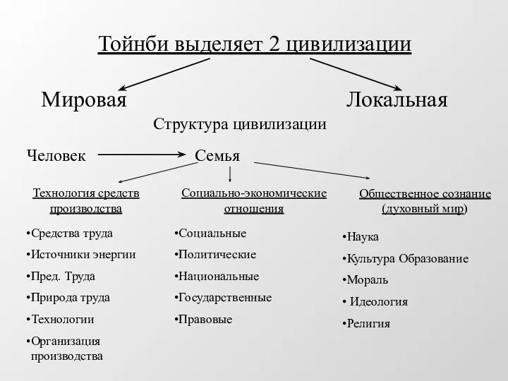 Тойнби выделяет 2 цивилизации Мировая Локальная Структура цивилизации Технология средств