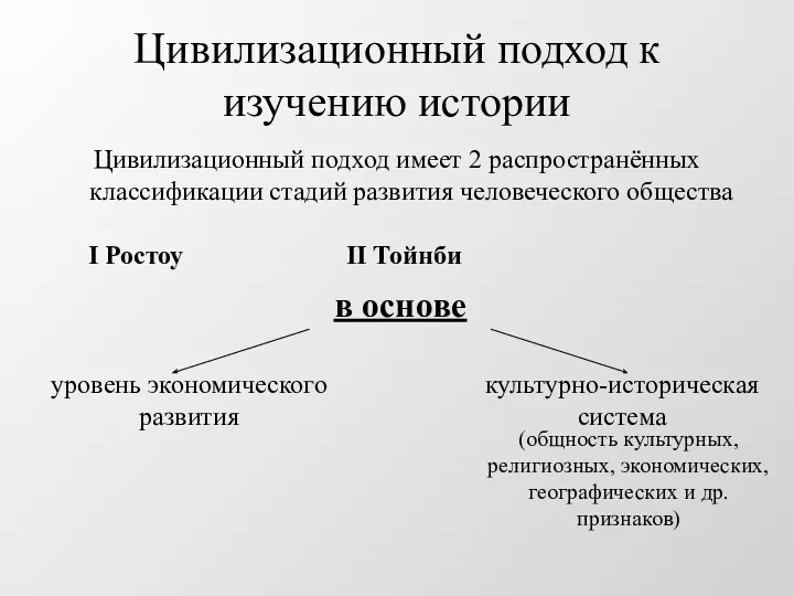 Цивилизационный подход к изучению истории Цивилизационный подход имеет 2 распространённых