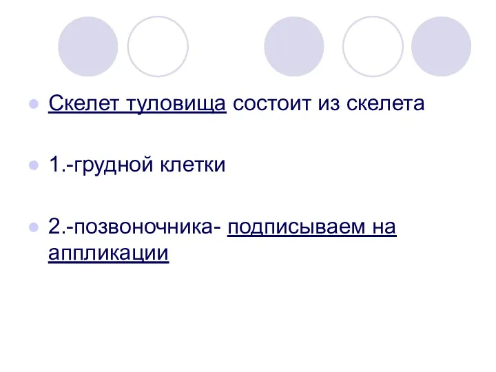 Скелет туловища состоит из скелета 1.-грудной клетки 2.-позвоночника- подписываем на аппликации