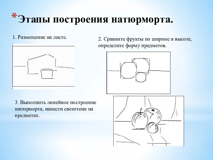 Этапы построения натюрморта. 1. Размещение на листе. 2. Сравните фрукты