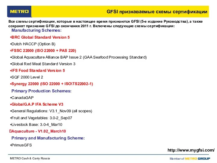 GFSI признаваемые схемы сертификации Все схемы сертификации, которые в настоящее