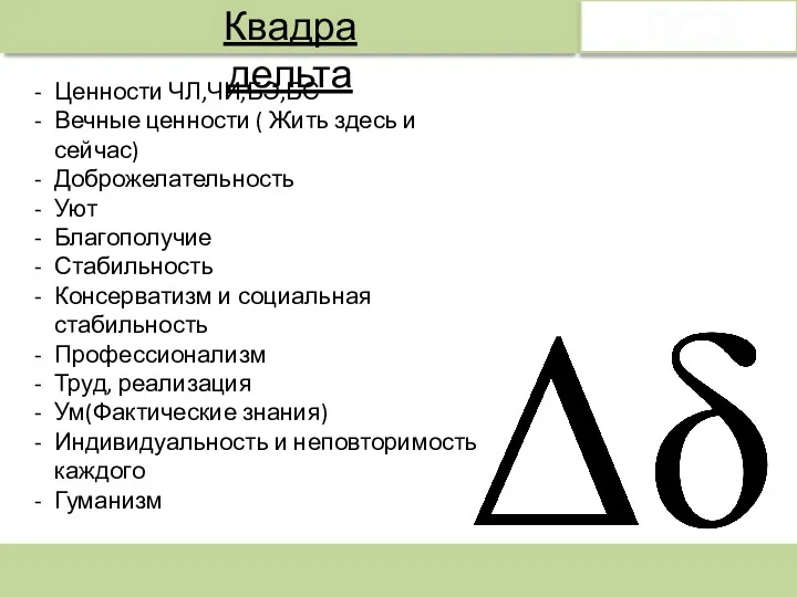 ЛСЭ Квадра дельта Ценности ЧЛ,ЧИ,БЭ,БС Вечные ценности ( Жить здесь