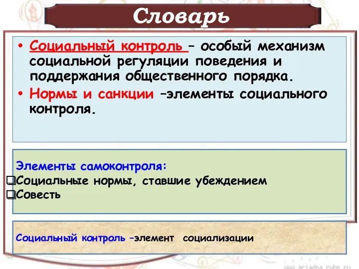 Словарь Социальный контроль – особый механизм социальной регуляции поведения и