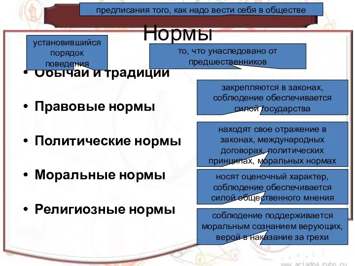 Нормы Обычаи и традиции Правовые нормы Политические нормы Моральные нормы