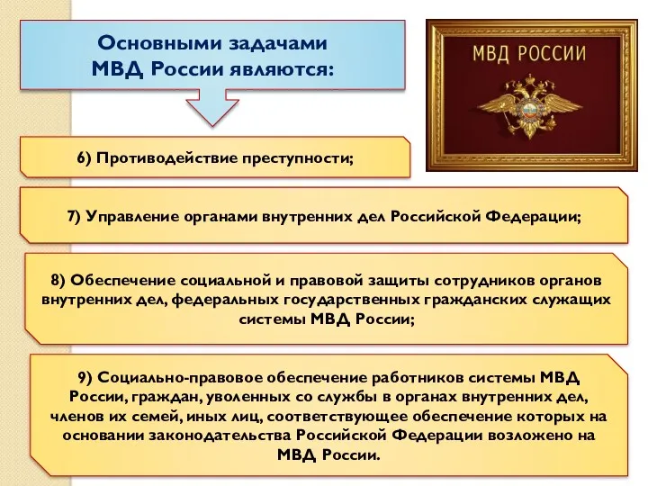 Основными задачами МВД России являются: 6) Противодействие преступности; 7) Управление