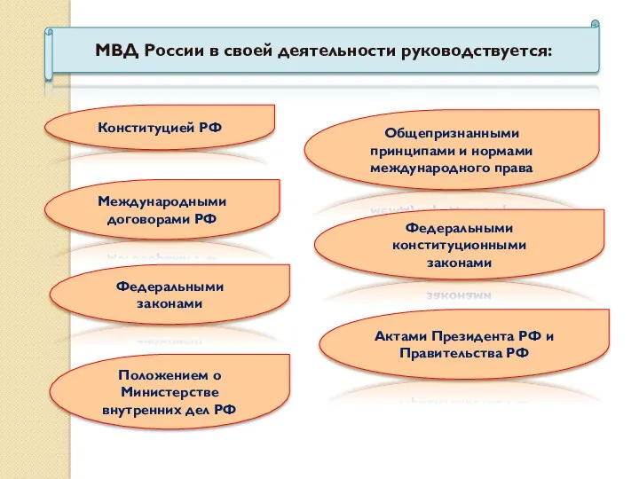 МВД России в своей деятельности руководствуется: Конституцией РФ Общепризнанными принципами