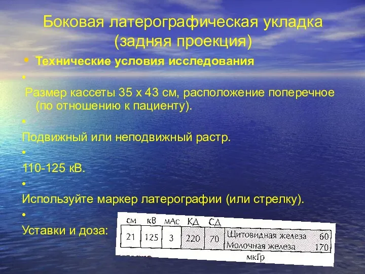 Боковая латерографическая укладка (задняя проекция) Технические условия исследования • Размер