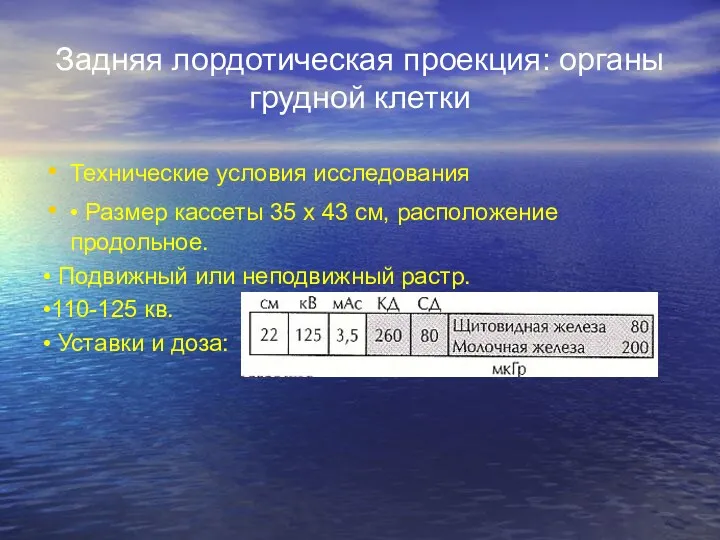 Задняя лордотическая проекция: органы грудной клетки Технические условия исследования •