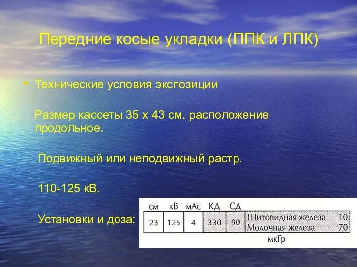 Передние косые укладки (ППК и ЛПК) Технические условия экспозиции Размер