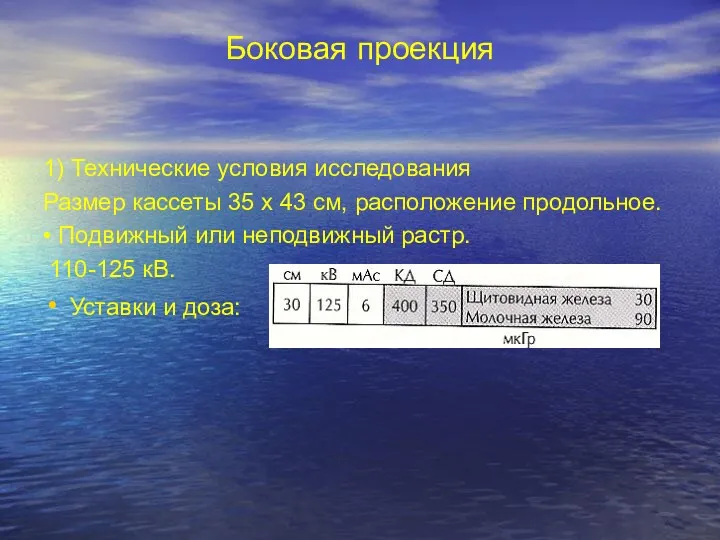 Боковая проекция 1) Технические условия исследования Размер кассеты 35 х