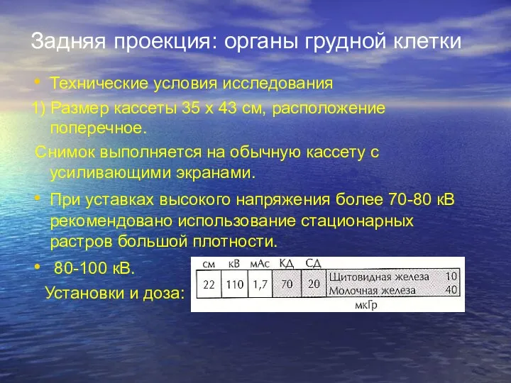 Задняя проекция: органы грудной клетки Технические условия исследования 1) Размер