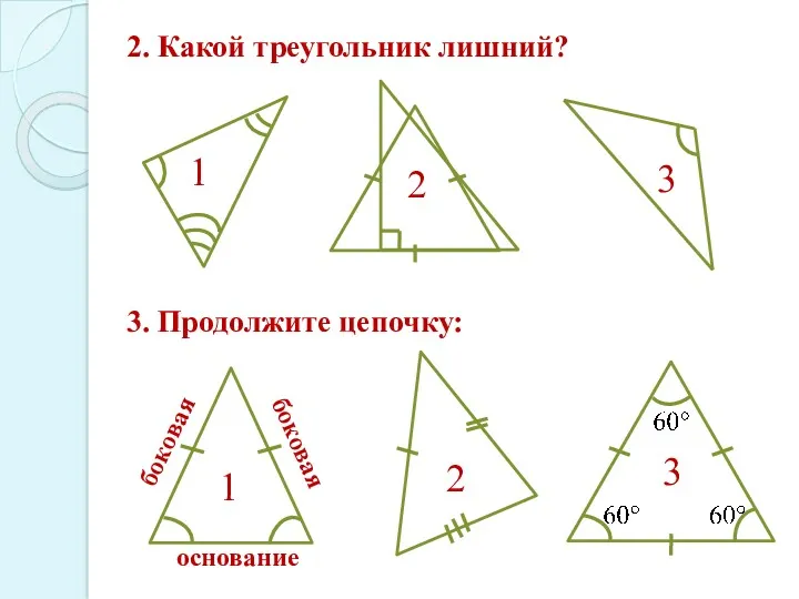 2. Какой треугольник лишний? 1 2 3 3. Продолжите цепочку: 3 боковая боковая основание