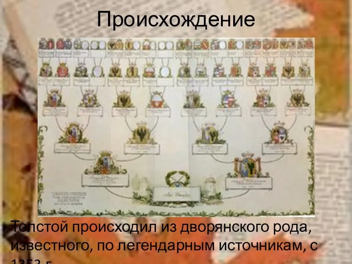 Происхождение Толстой происходил из дворянского рода, известного, по легендарным источникам, с 1353 г.