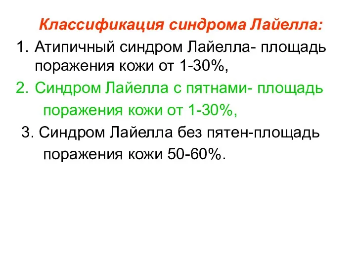 Классификация синдрома Лайелла: Атипичный синдром Лайелла- площадь поражения кожи от