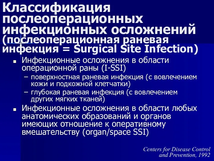 Классификация послеоперационных инфекционных осложнений (послеоперационная раневая инфекция = Surgical Site
