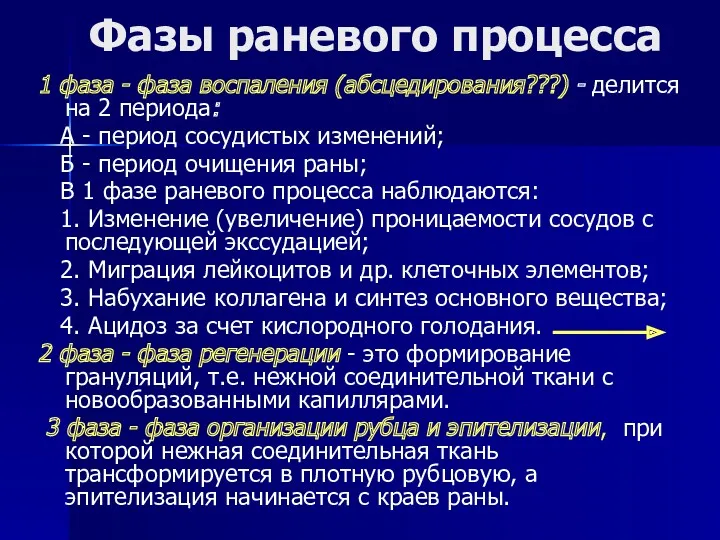 Фазы раневого процесса 1 фаза - фаза воспаления (абсцедирования???) -