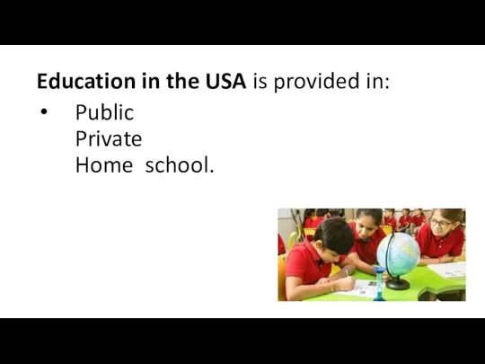 Education in the USA is provided in: Public Private Home school.