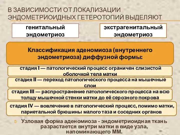 В ЗАВИСИМОСТИ ОТ ЛОКАЛИЗАЦИИ ЭНДОМЕТРИОИДНЫХ ГЕТЕРОТОПИЙ ВЫДЕЛЯЮТ Узловая форма аденомиоза