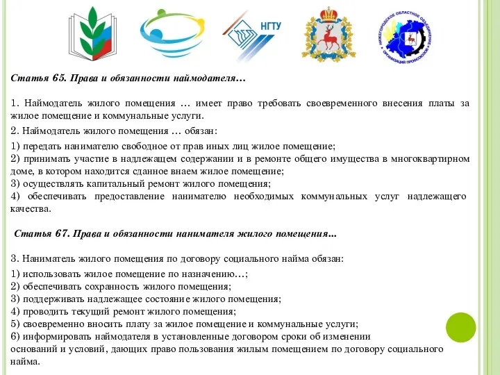 Статья 65. Права и обязанности наймодателя… 1. Наймодатель жилого помещения