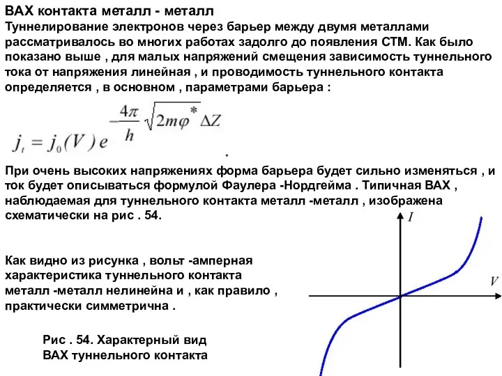 ВАХ контакта металл - металл Туннелирование электронов через барьер между