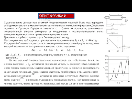 ОПЫТ ФРАНКА И ГЕРЦА Существование дискретных атомных энергетических уровней было подтверждено экспериментально прямыми