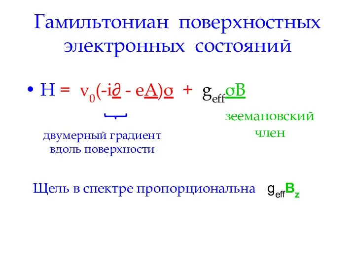 Гамильтониан поверхностных электронных состояний H = v0(-i∂ - eA)σ +