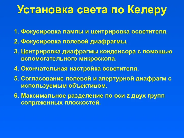 Установка света по Келеру 1. Фокусировка лампы и центрировка осветителя.