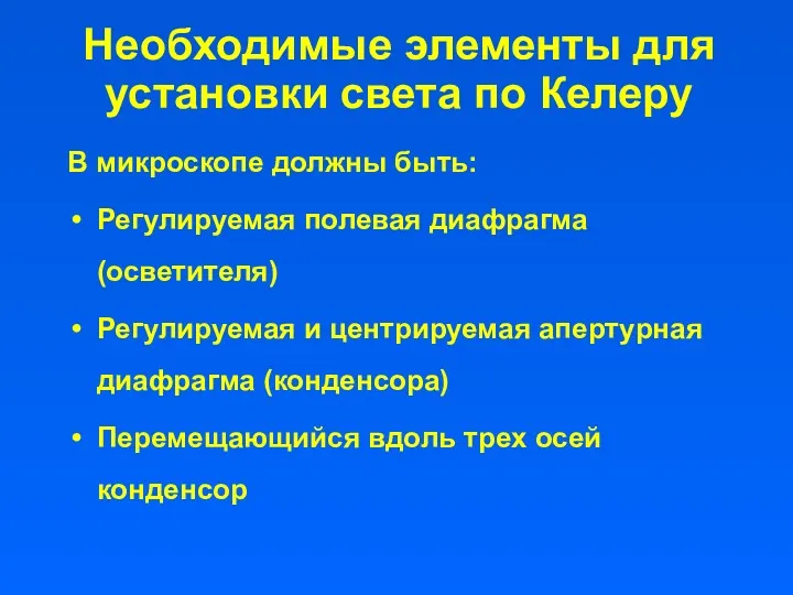 Необходимые элементы для установки света по Келеру В микроскопе должны