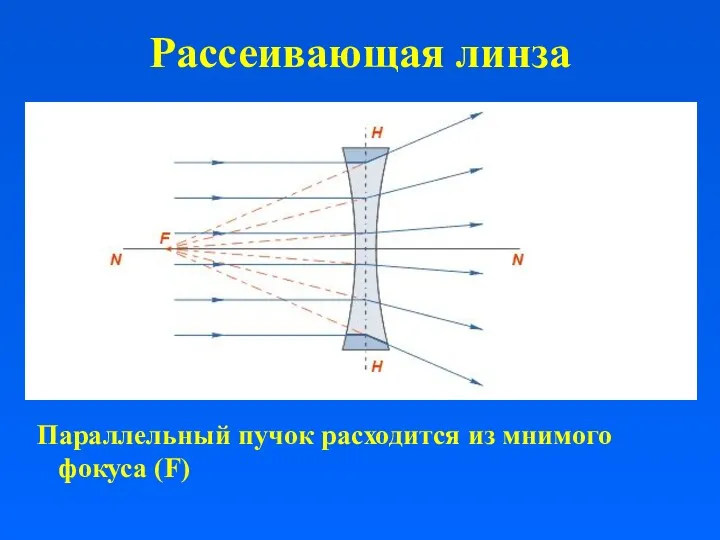 Рассеивающая линза Параллельный пучок расходится из мнимого фокуса (F)