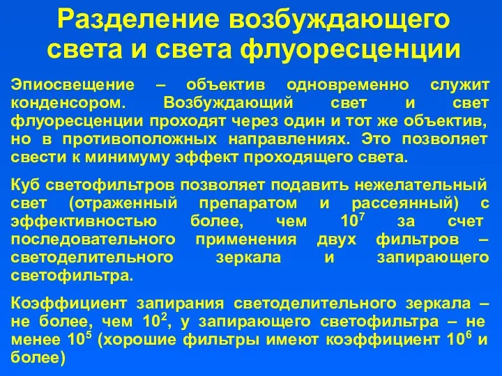 Разделение возбуждающего света и света флуоресценции Эпиосвещение – объектив одновременно