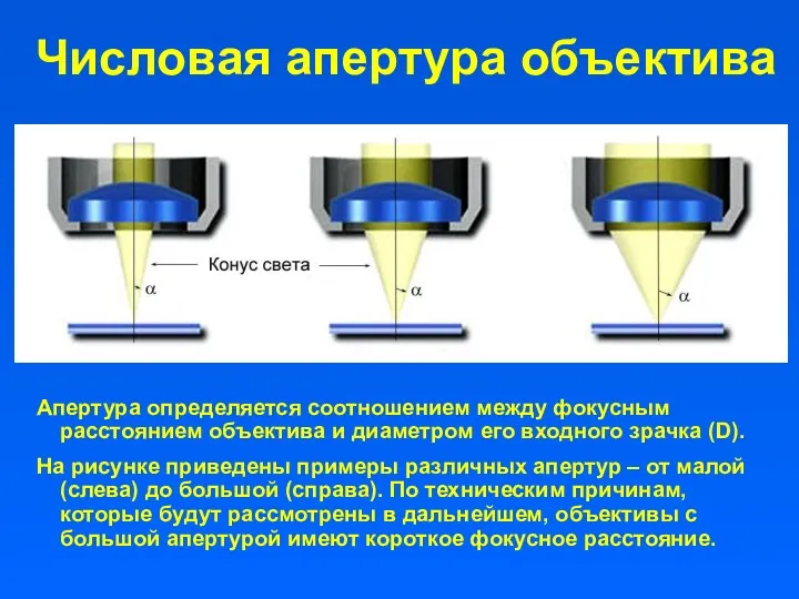 Числовая апертура объектива Апертура определяется соотношением между фокусным расстоянием объектива