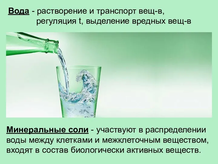 Вода - растворение и транспорт вещ-в, регуляция t, выделение вредных