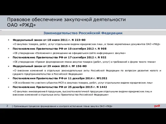 Правовое обеспечение закупочной деятельности ОАО «РЖД» Федеральный закон от 18