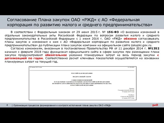 Согласование Плана закупок ОАО «РЖД» с АО «Федеральная корпорация по