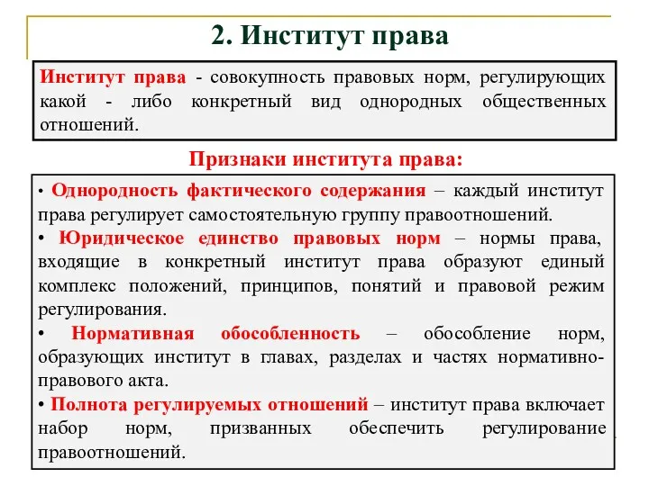 2. Институт права Институт права - совокупность правовых норм, регулирующих