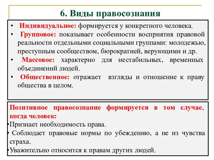 6. Виды правосознания Индивидуальное: формируется у конкретного человека. Групповое: показывает