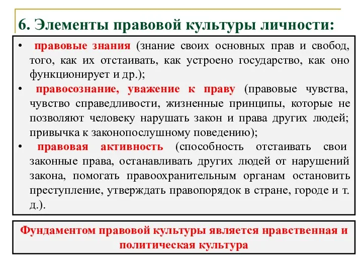 6. Элементы правовой культуры личности: правовые знания (знание своих основных