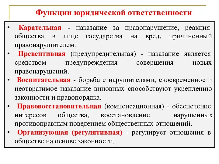 Функции юридической ответственности Карательная - наказание за правонарушение, реакция общества