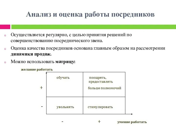 Анализ и оценка работы посредников Осуществляется регулярно, с целью принятия