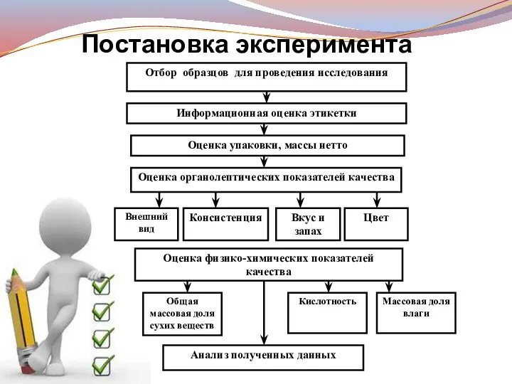 Постановка эксперимента Отбор образцов для проведения исследования Оценка упаковки, массы